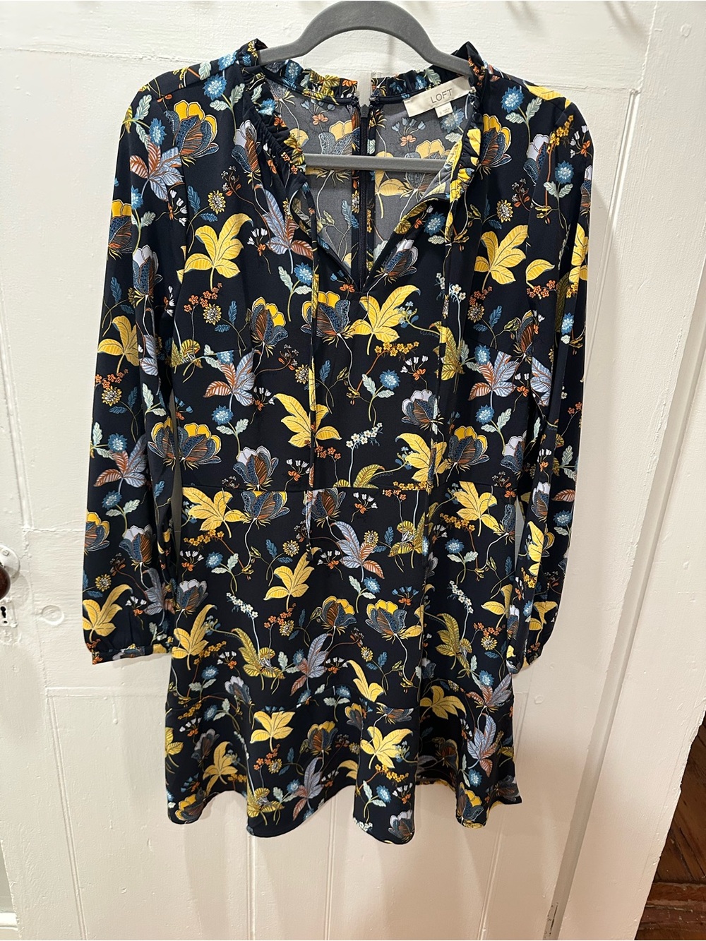 LOFT Navy Long-Sleeve Floral Shift Dress with Yellow & Blue Accents